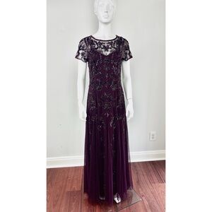 NWT $349 Adrianna Papell Floral Beaded Godet Gown in Night Plum Size 10